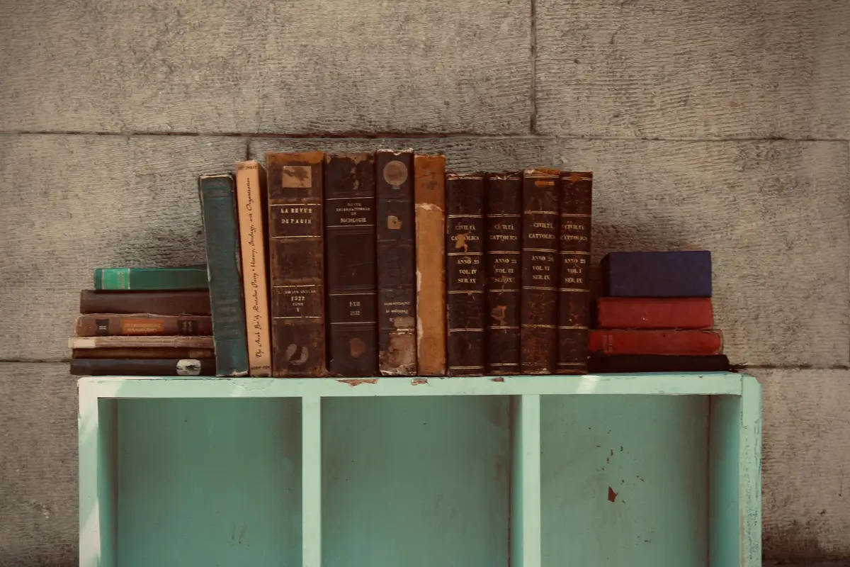 antique leather books on a shelf, vintage joke book titles