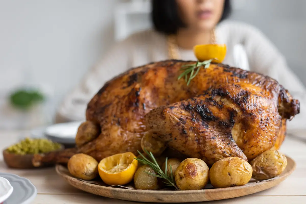 golden roast turkey with potatoes and rosemary on a tray, adult humor thanksgiving turkey puns