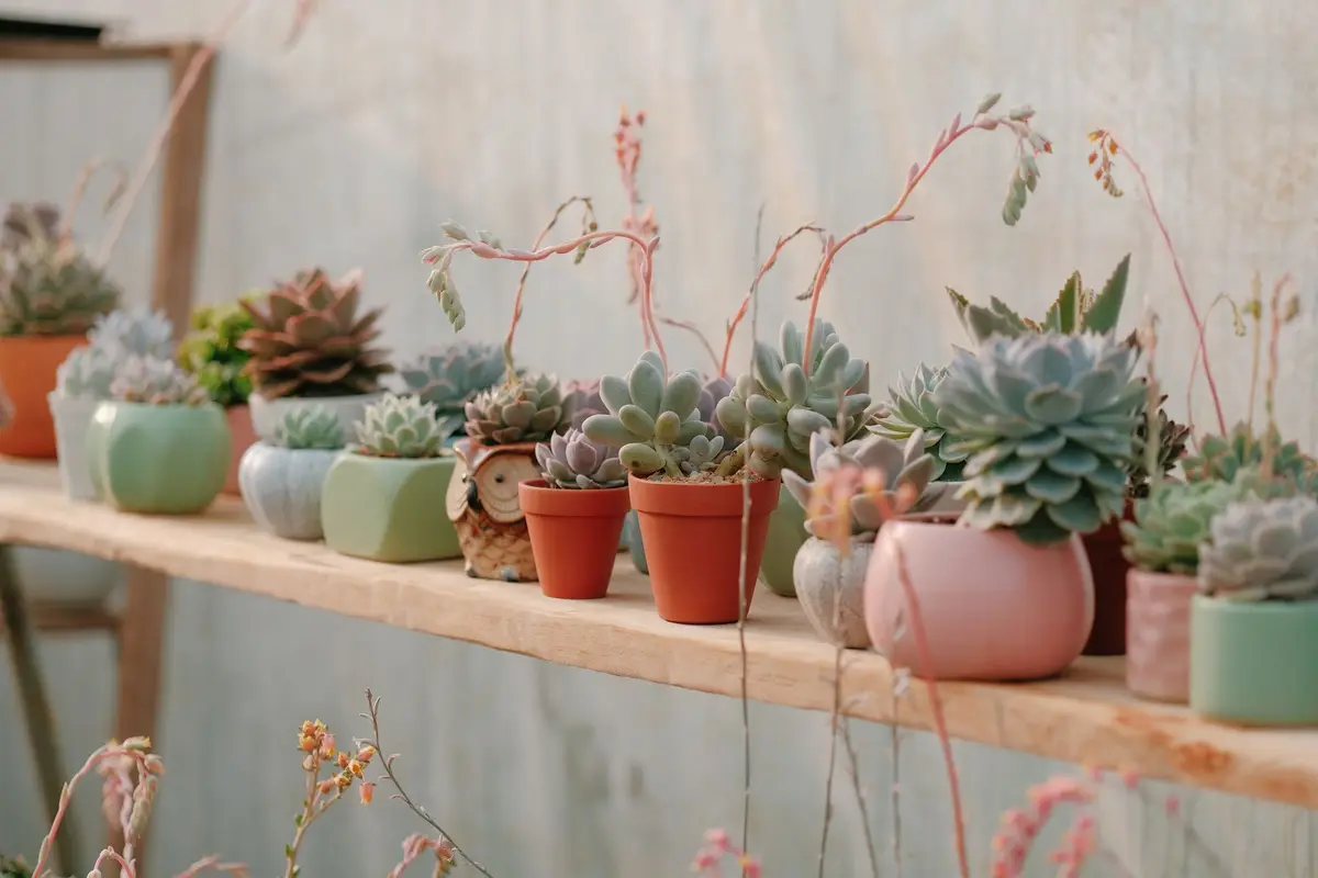colorful pots of succulents arranged on a wooden shelf, succulent puns and jokes