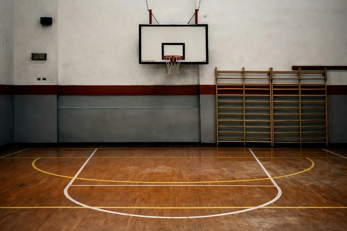 empty school gym with a wooden basketball court and hoop, scene for basketball puns for kids