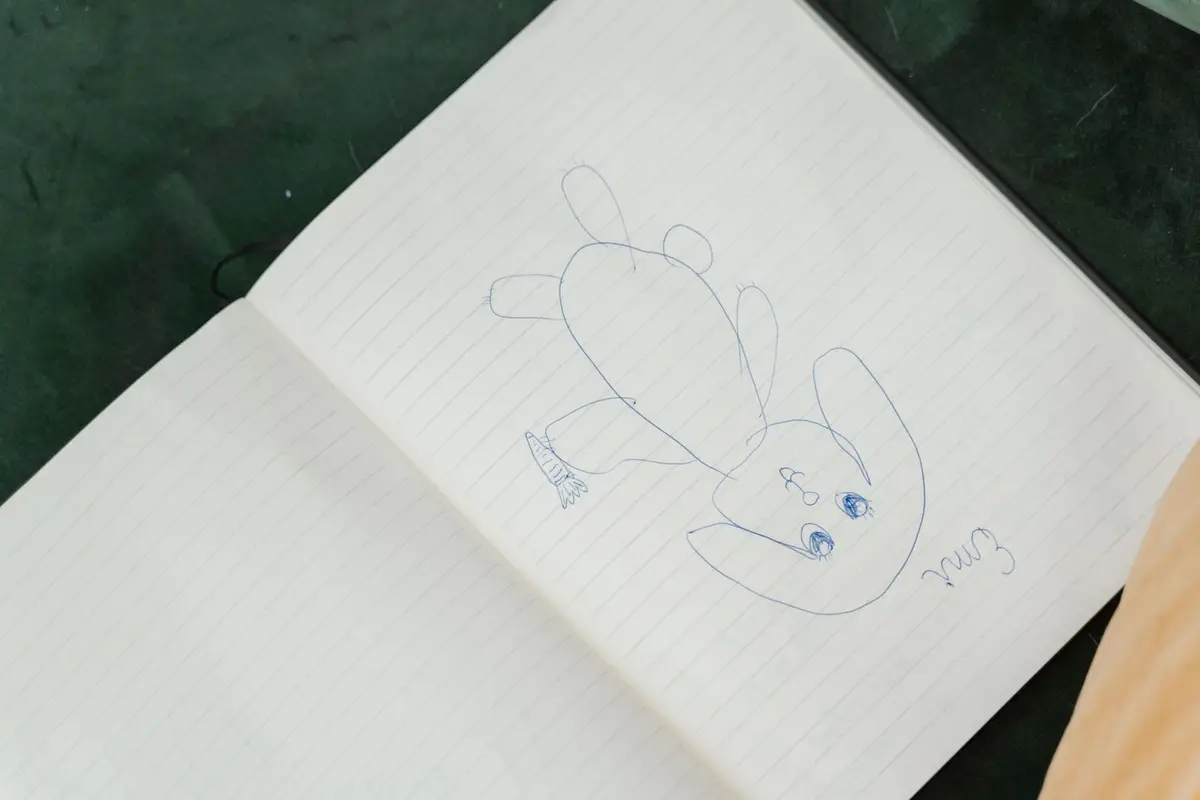 cute cartoon bunny sketch in a lined notebook, cute animal pun drawing idea