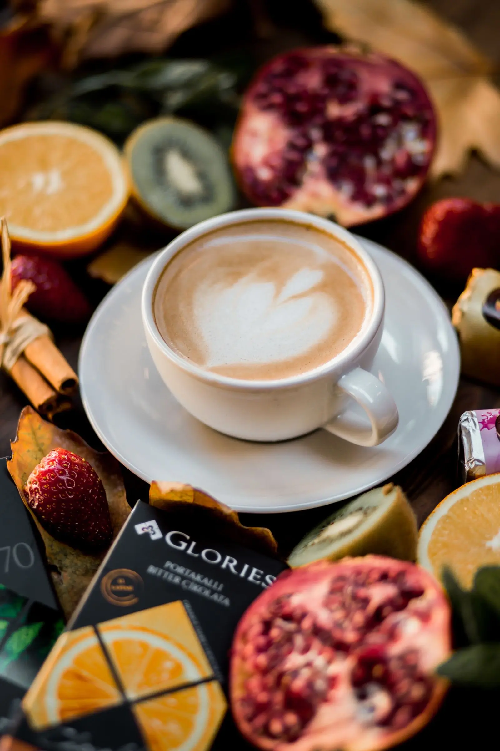 coffee and fruits still life with citrus and pomegranate, image for fruit puns about love