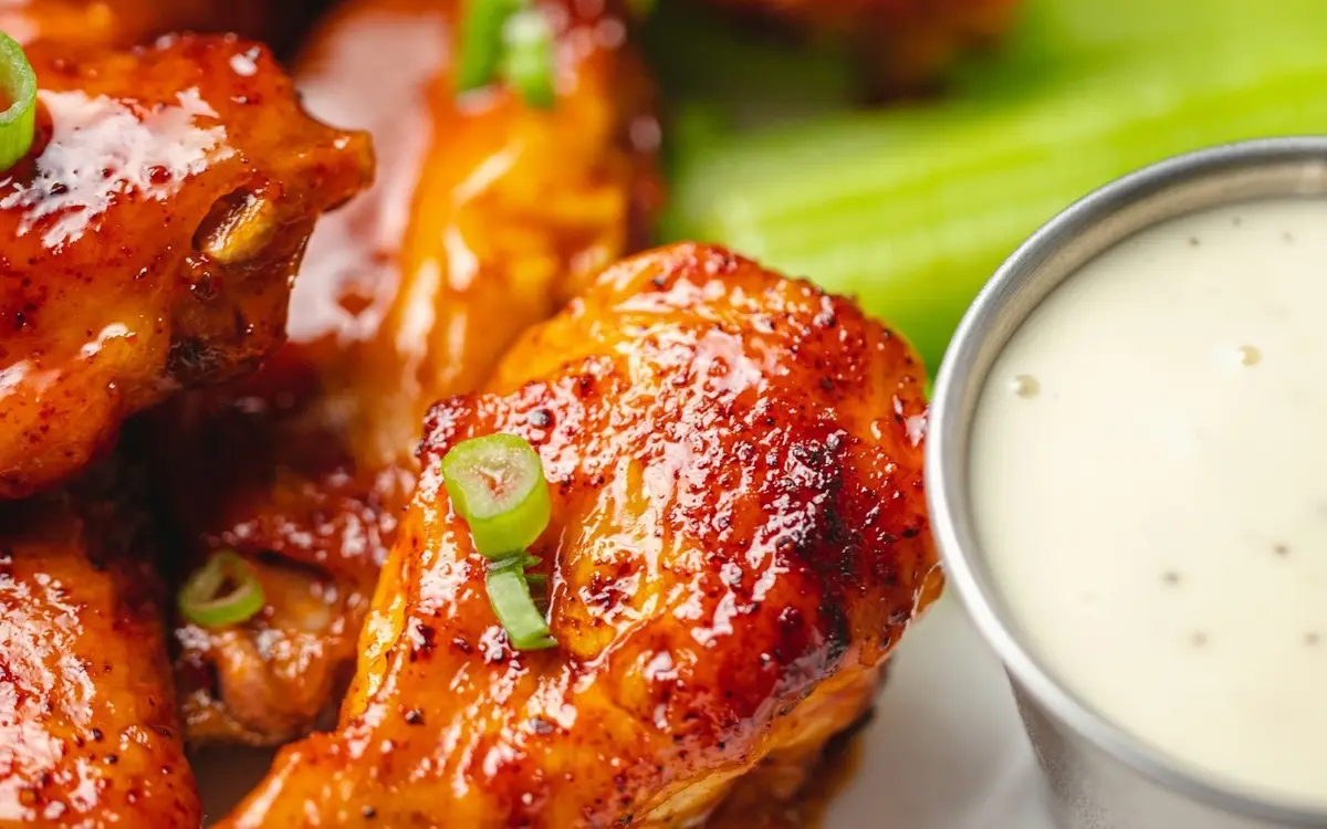glazed buffalo chicken wings with ranch dip, classic tailgate food for football puns about game day snacks
