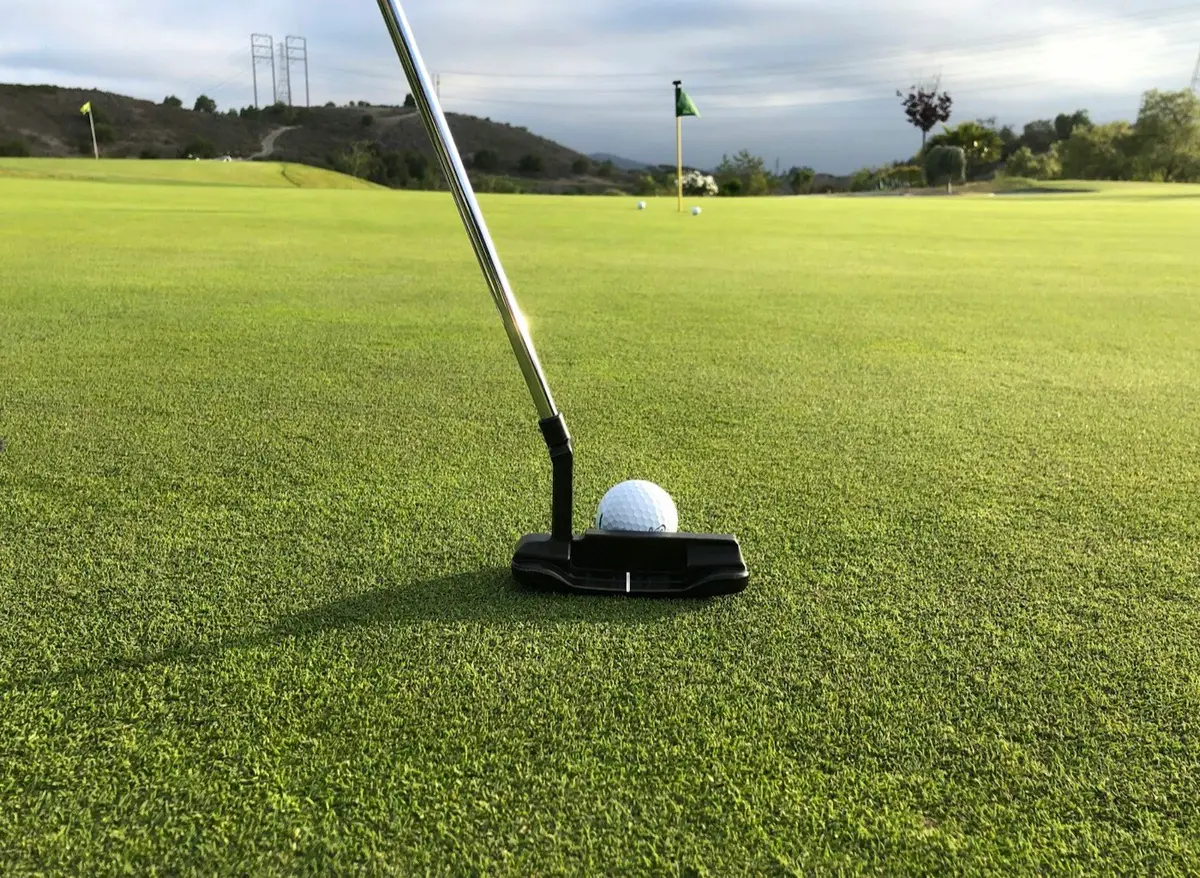 putter lined up behind a white golf ball on a manicured green, image for golf swing and putting puns
