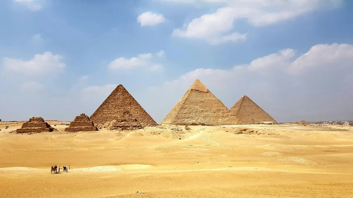 the Great Pyramid of Giza rising above the Egyptian desert, image for ancient history puns