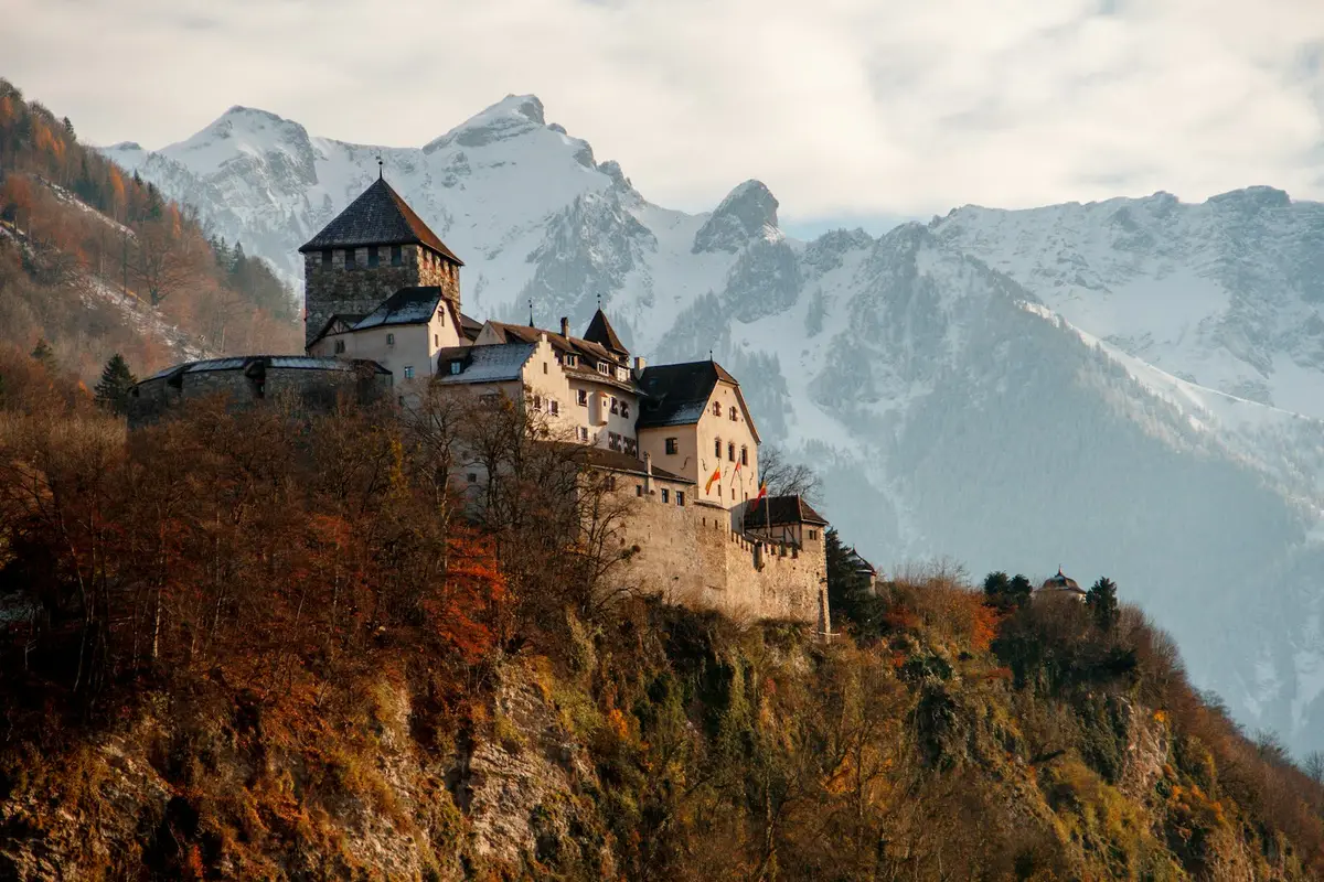 a medieval stone castle perched on a mountain surrounded by trees, image for medieval history puns