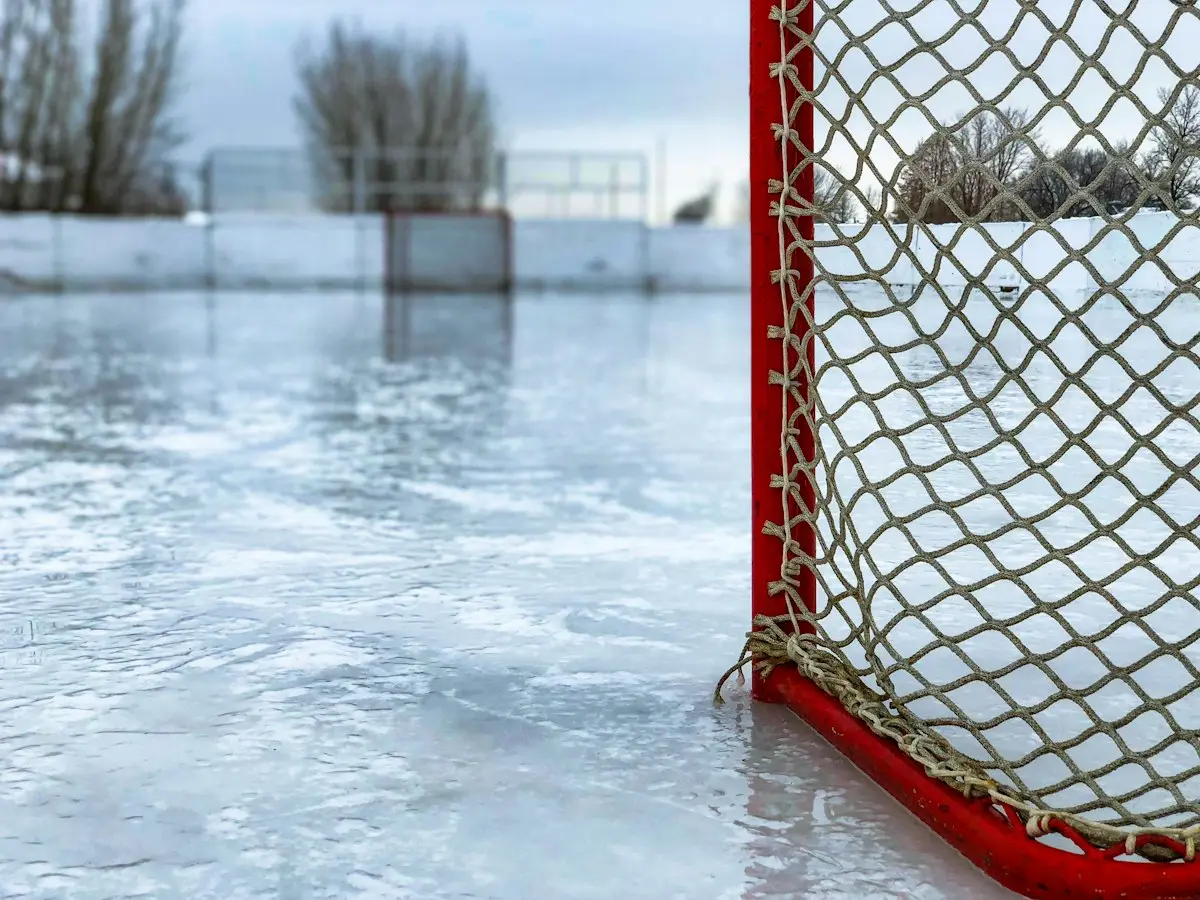 red and white hockey net on the ice, scene for hockey terms puns and goal jokes