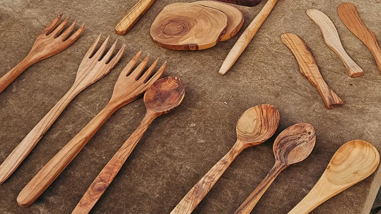 carved wooden spoons in different shapes on a kitchen table, image for kitchen spoon puns