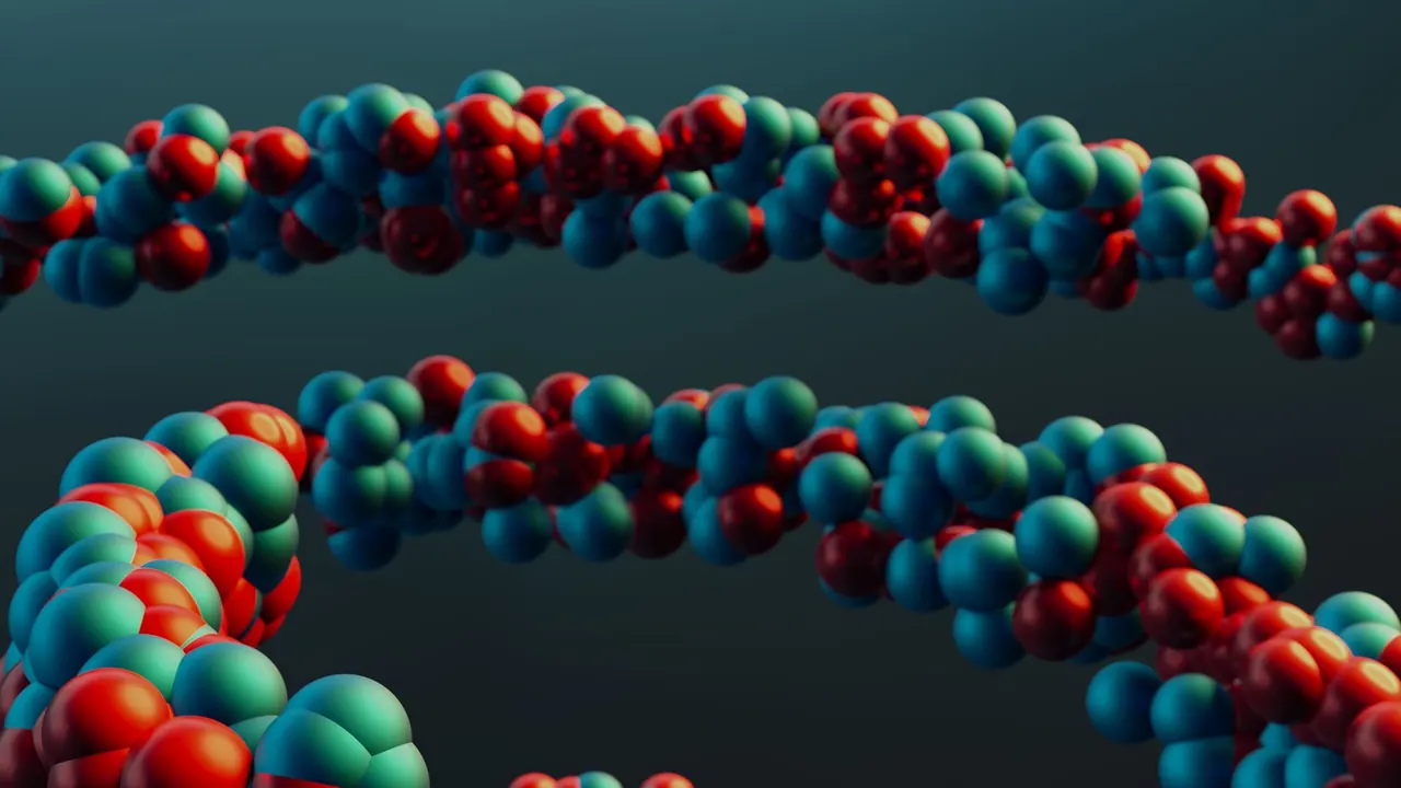a long chain of colourful atoms in a molecule model, image for functional group jokes