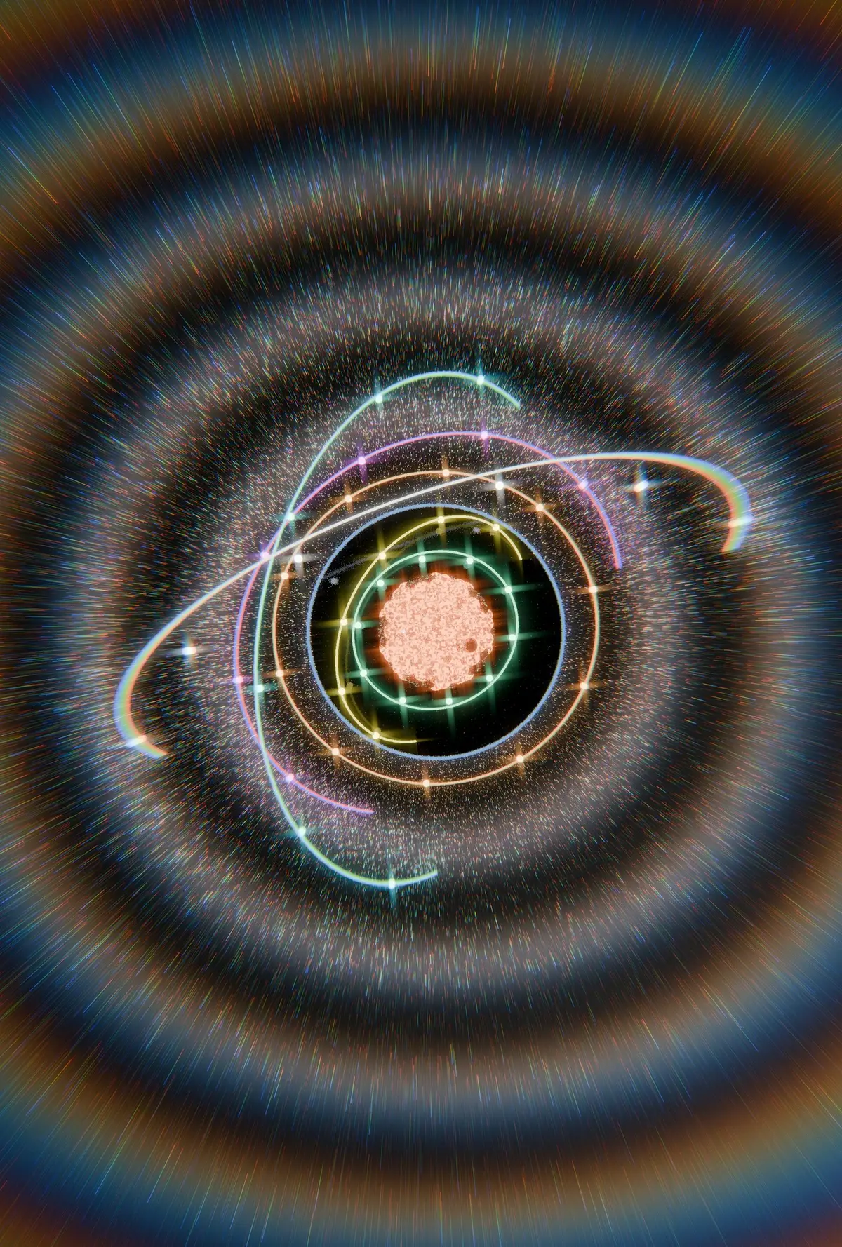a stylized atom model with orbiting electrons on a glowing background, image for atomic and quantum physics puns