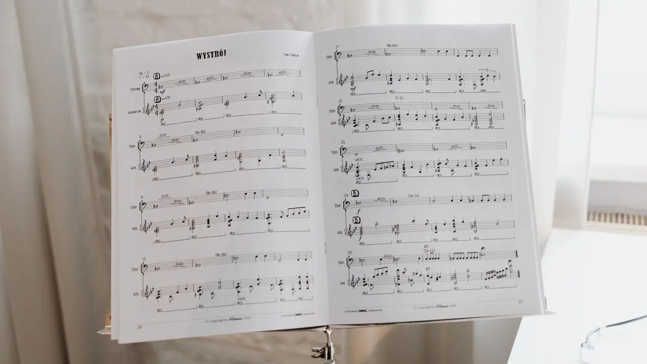 sheet music open on a piano music stand, image for piano jokes about reading music