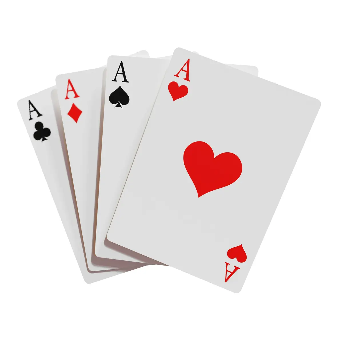 four of a kind playing cards fanned out with a red heart suit visible, scene for card game puns and card puns