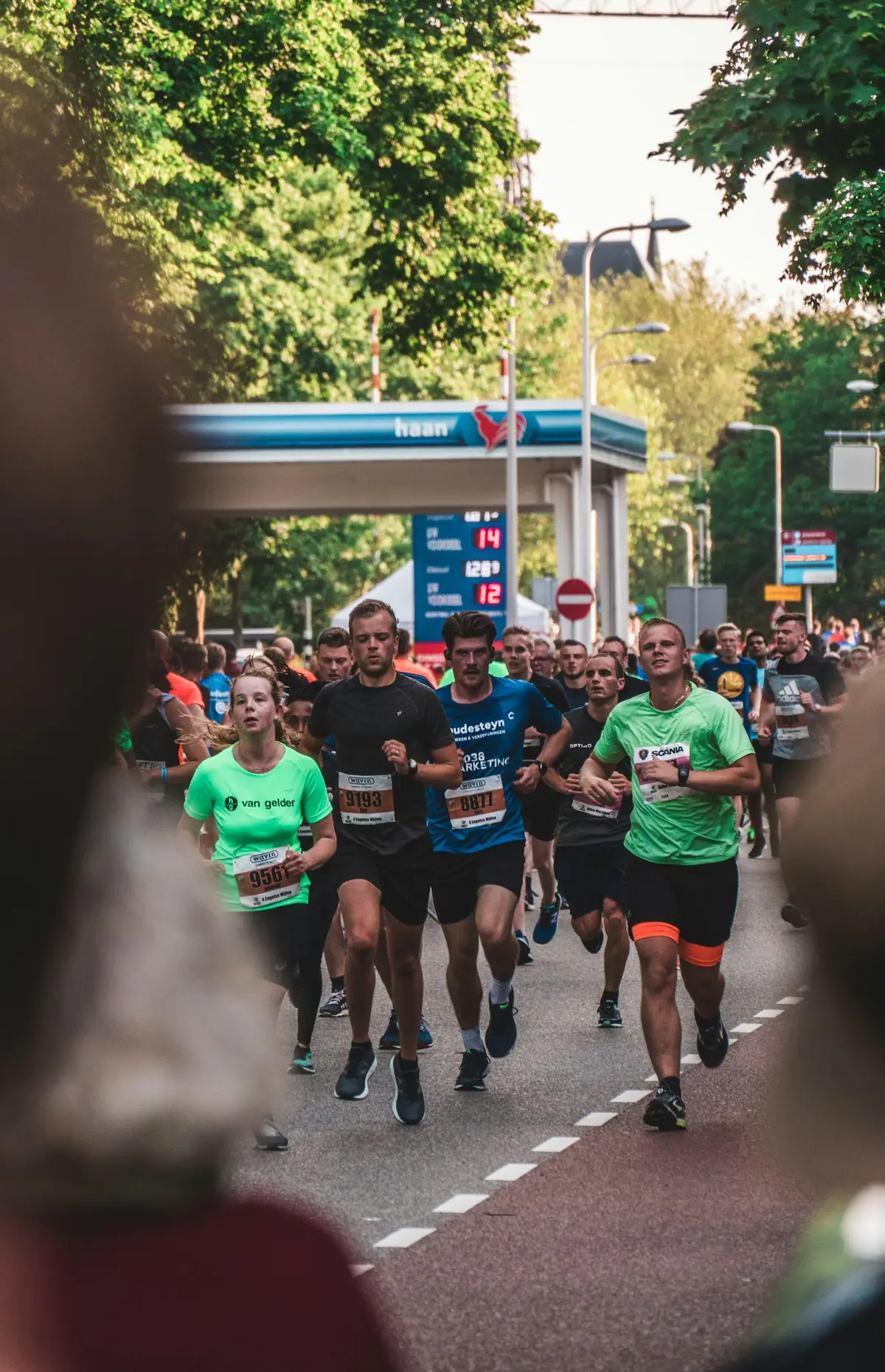 pack of runners wearing race bibs on a tree-lined city street, scene for marathon running puns