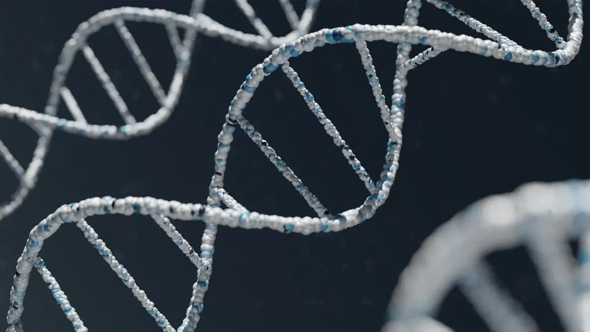 blue and white DNA double helix structure on a dark background, image for biology puns and genetics jokes
