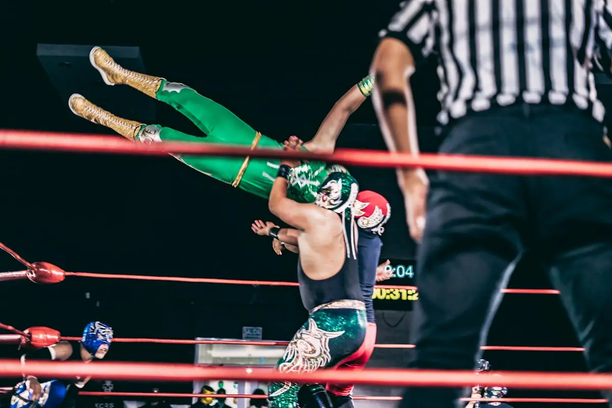 pro wrestler in the ring with a crowd watching, scene for pro wrestling puns